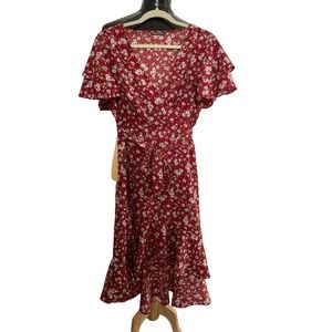 SHEIN Red Midi dress with White and Green flowers